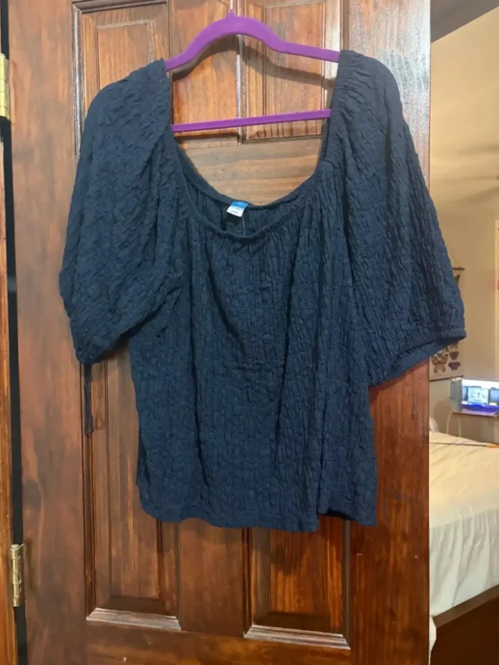 Old Navy Deep Midnight Blue Textured Puff Sleeve Scoop Neck Blouse 2X